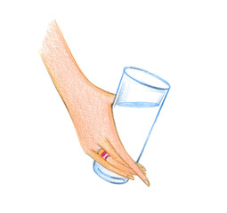 A woman's hand holds a full glass. Drawing with colored pencils