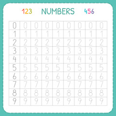 Numbers for kids. Worksheet for kindergarten and preschool. Training to write and count numbers. Tracing exercises for children