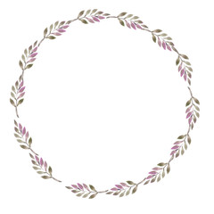 illustration  watercolor, a wreath of leaves and twigs green tender colors.