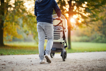 Man with baby stroller walks in the autumn park at sunset