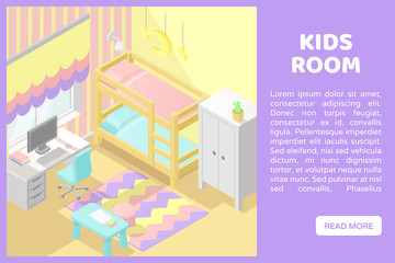 Fototapeta premium Vector isometric low poly cutaway interior illustartion. Kids room with two-level bed, desktop with computer, cupboard and other furniture. Banner for a web site with place for text and button