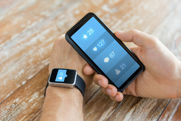 hands with smartphone and smart watch social media