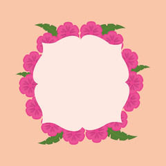 Frame with decorative pink tropical flowers around over orange background, colorful design vector illustration