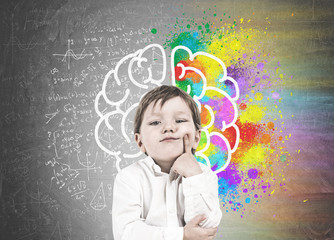 Thinking little boy, finger on cheek, brain