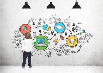 Cute little boy writing drawing marker win