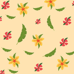 plumeria flower and tropical leaves background, colorful design vector illustration