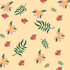 plumeria flower and tropical leaves background, colorful design vector illustration