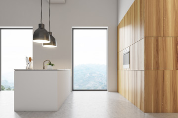 White kitchen interior, white and wooden counters