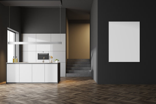 Dark gray kitchen interior, poster
