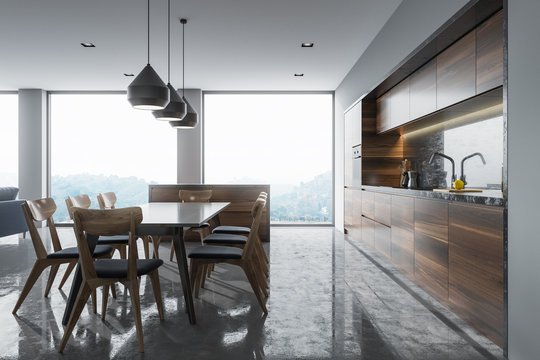 Panoramic kitchen interior, black table