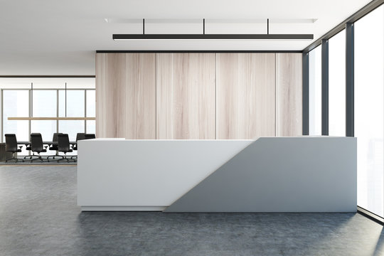 Wooden wall office, white gray reception