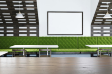 White and wooden green bar interior, poster blur