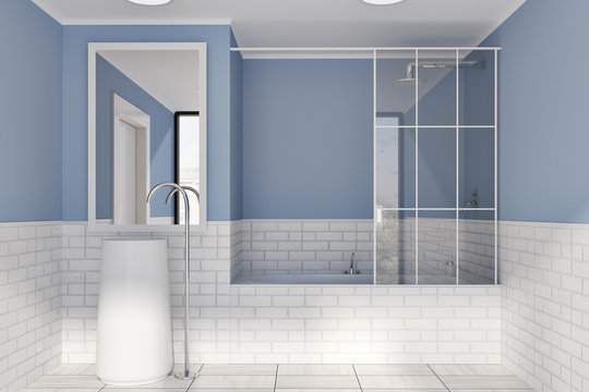 Blue and brick wall bathroom, round sink