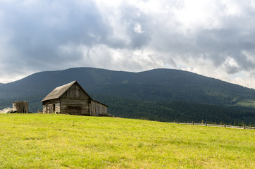 Fototapeta na wymiar A hut in the mountains. Wooden house in the mountains. The house is made of log house.