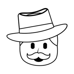 character man face mustache and hat laughing expression vector illustration thin line