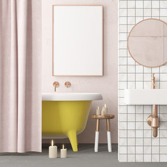 Mock up poster in the bathroom in a vintage style. Trend color. 3d.