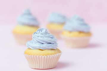 Cupcake decorated with violet buttercream on pastel pink background. Sweet beautiful cake. Horizontal banner, greeting card for birthday, wedding, women's day. Close up photography. Selective focus