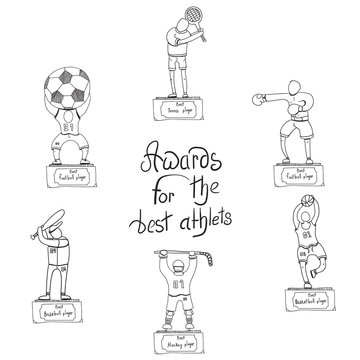 sports awards, various sports, vector image, set of players icons,doodle style