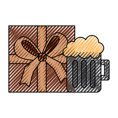 gift box wrapped and glass beer foam drink vector illustration drawing image