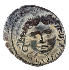 Roman Republic Coin. Ancient Roman silver denarius of the family Plautia. Obverse.