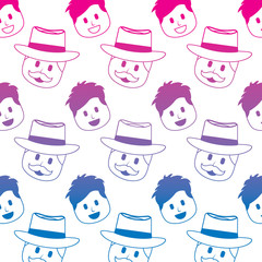 smiling happy faces man with hat and mustache background vector illustration degraded color image