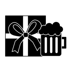 gift box wrapped and glass beer foam drink vector illustration black and white image
