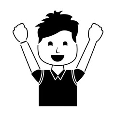 portrait happy man with vest clothes raised hands vector illustration black and white image