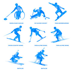 Winter sports icon set. Eight silhouettes of athletes with disabilities. Different kinds of competition - sledge hockey, wheelchair curling, biathlon, para-alpine skiing, para-snowboarding.