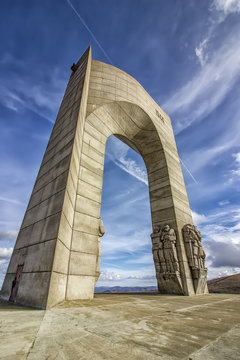 Arc of triumph at Beklemeto, Bulgaria summit in Balkan Mountain immortalize liberation of Bulgarian territories from Ottoman rule by a russian and Bulgarian army's in 1878.