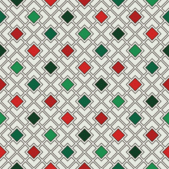 Repeated diamonds and lines background. Geometric motif. Seamless pattern in Christmas traditional colors