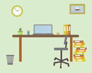 A working place in the office on the green background. Vector illustration. Table, chair, clock, picture, pile of folders, bin. Perfect for advertising, brand sites and magazines 