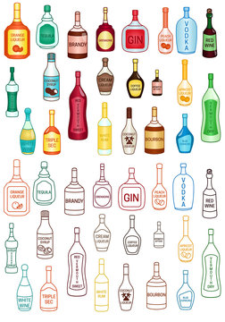 Set of different kinds of alcohol drinks vector colored illustration
