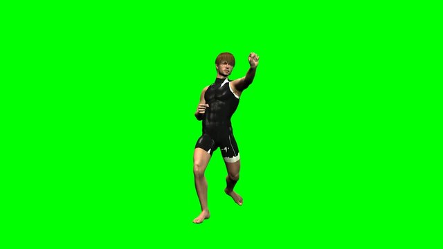 Rendering al rallentatore su sfondo chroma key di un giovane uomo bianco che si allena alle arti marziali