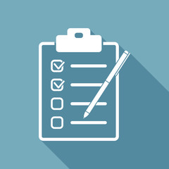 Checklist with pen icon. White flat icon with long shadow on background