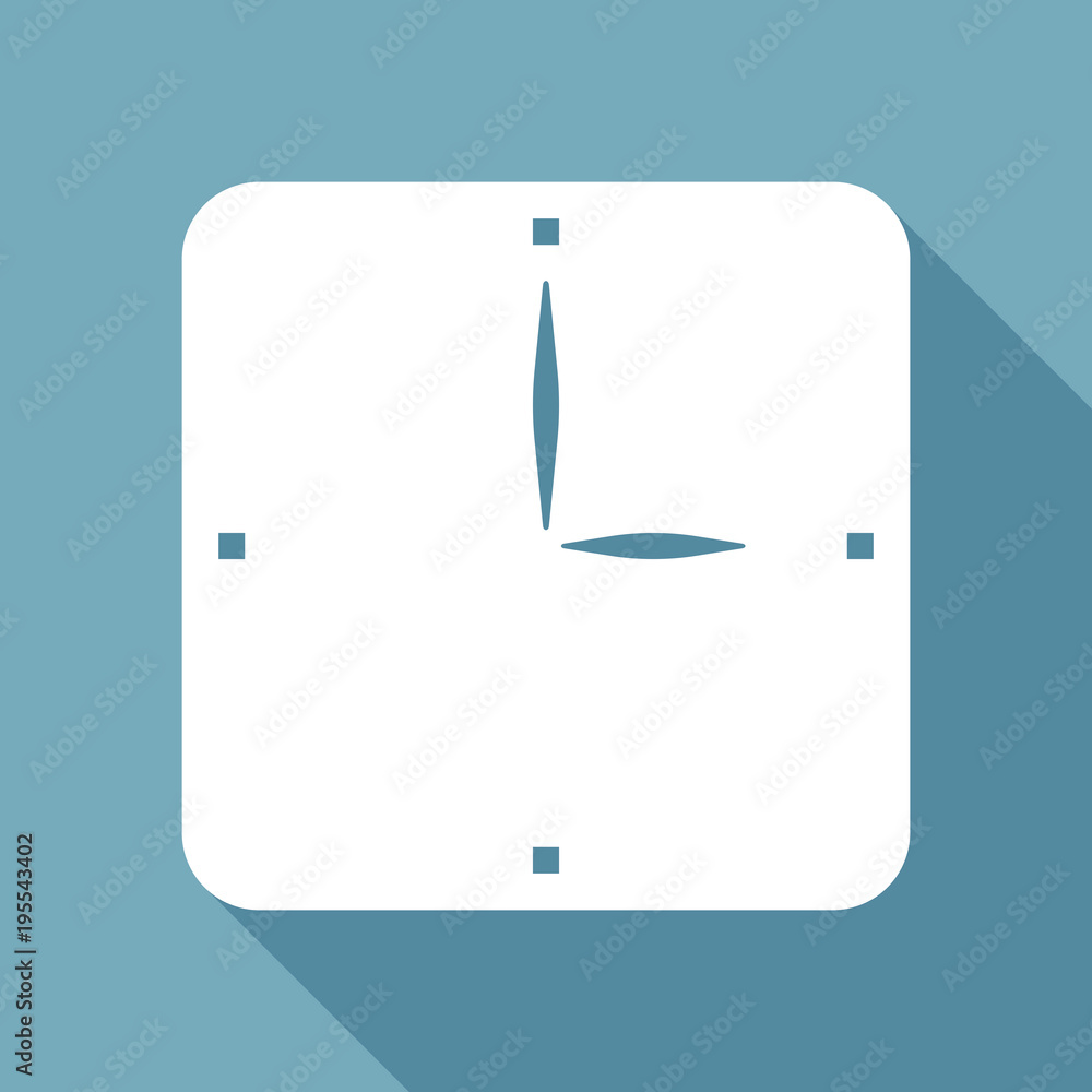 Poster simple clock icon. white flat icon with long shadow on background