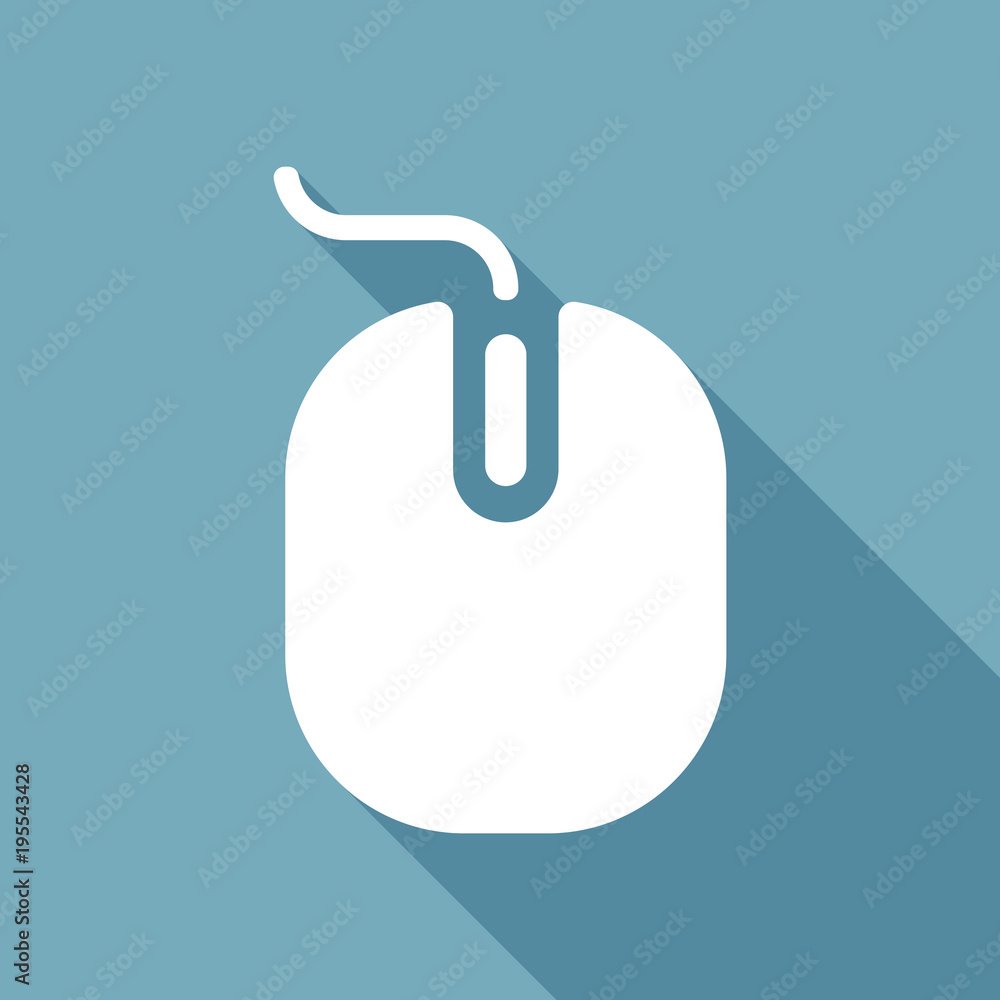 Poster computer mouse icon. white flat icon with long shadow on background