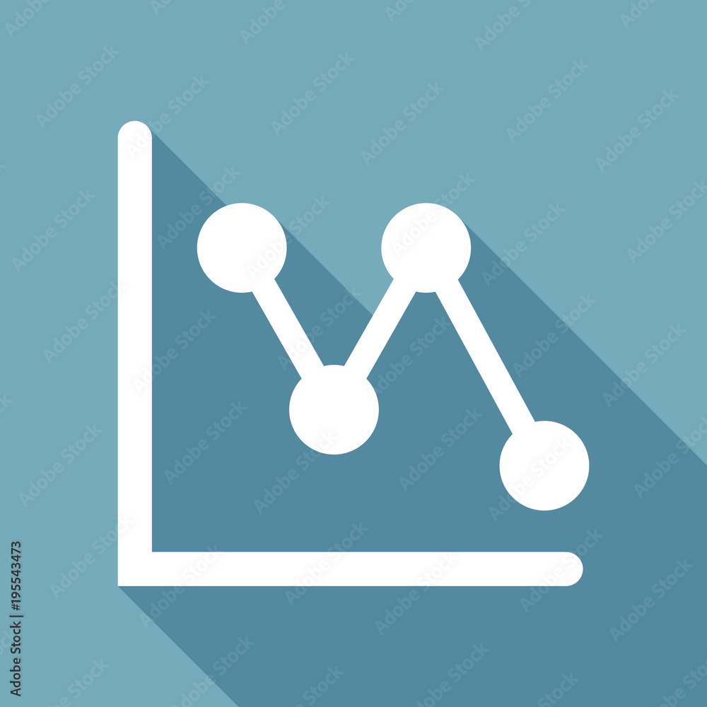 Poster declining graph line icon. white flat icon with long shadow on background