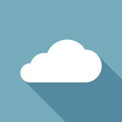 cloud icon. White flat icon with long shadow on background