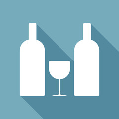 glass and bottles icon. White flat icon with long shadow on background