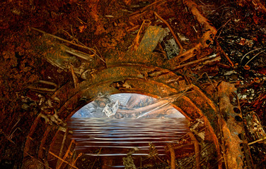 Abstract mystical old rusty  semi-circular archway leading to water