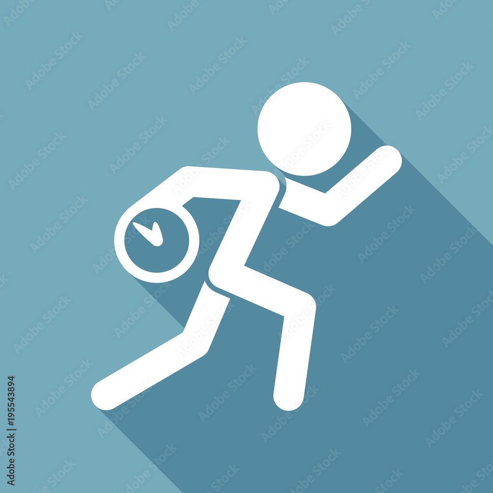 Poster running man with clock. simple icon. to be late. an unpleasant situation. white flat icon with long 