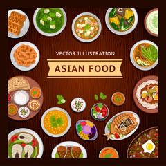 Asian food on a wooden table. Indian and Philippine cuisine. Vector flat illustration.