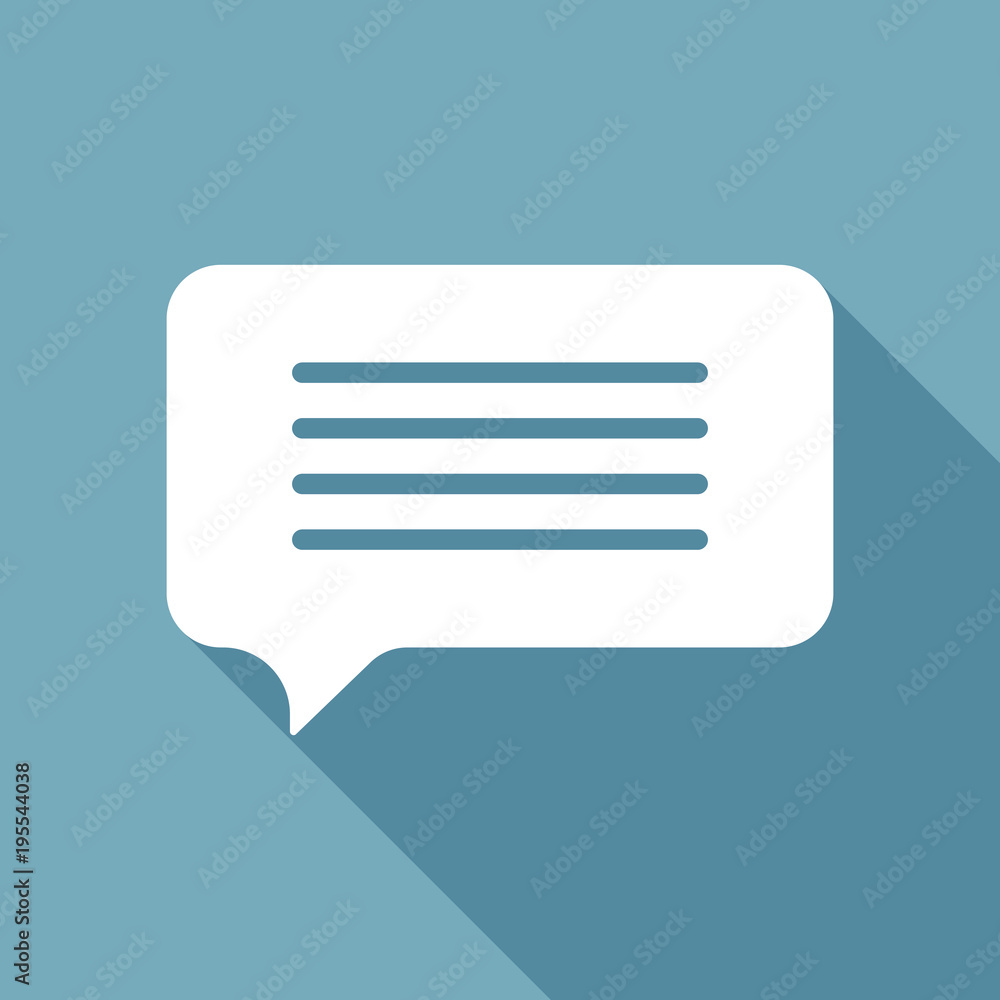 Poster message cloud icon. white flat icon with long shadow on background