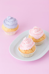 Cupcake decorated with pink and violet buttercream on pastel pink background. Sweet beautiful cake. Vertical banner, greeting card for birthday, wedding. Close up photography. Selective focus