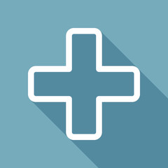 Medical cross icon. White flat icon with long shadow on background