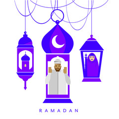 Ramadan Lanterns With Mosque, Man and Woman