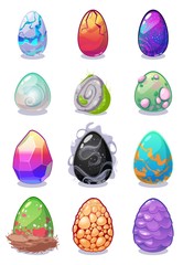 Magic dragon vector colored eggs painted with rainbow pattern multi colored Dragon Easter eggs collection for game design. Magical ornament spring Easter holiday symbol illustration