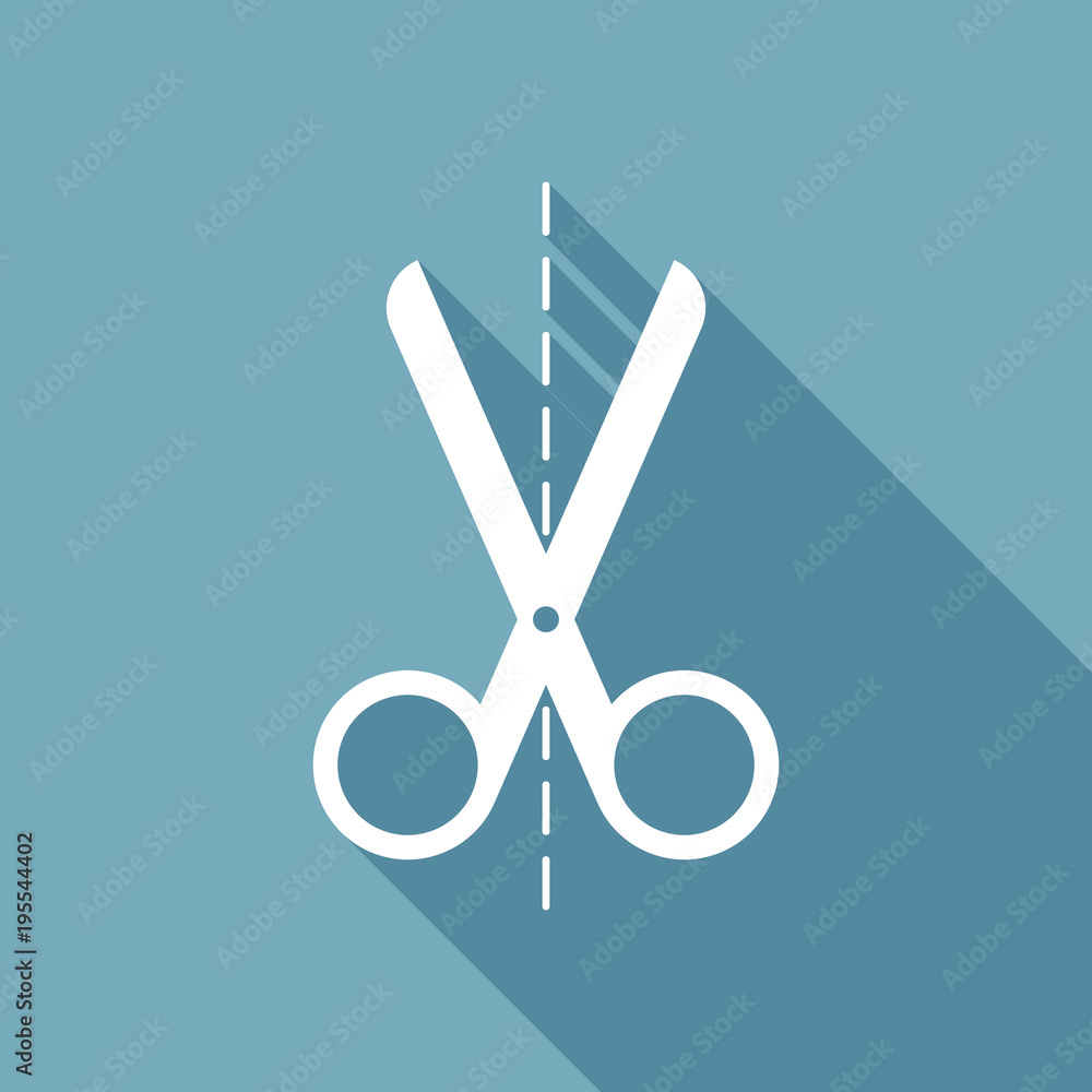 Poster scissors icon. white flat icon with long shadow on background