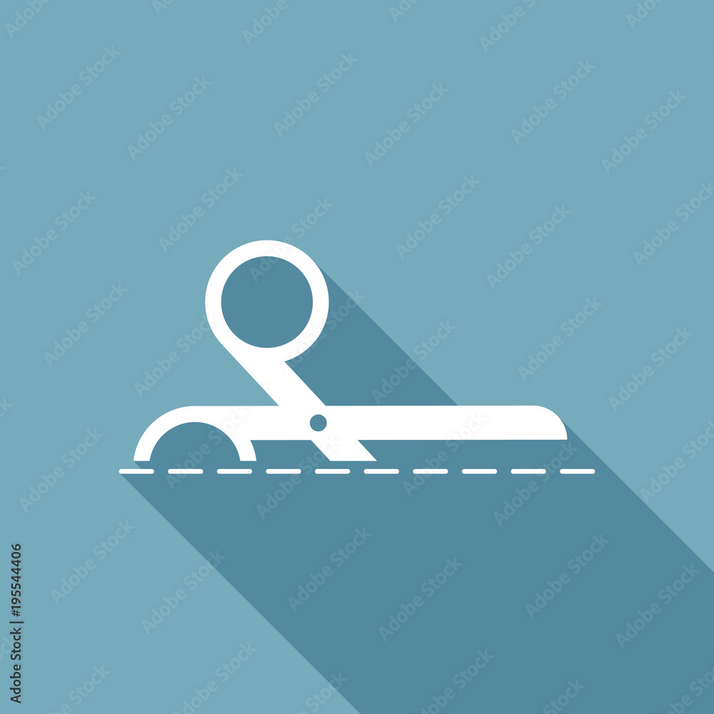 Poster scissors icon. white flat icon with long shadow on background