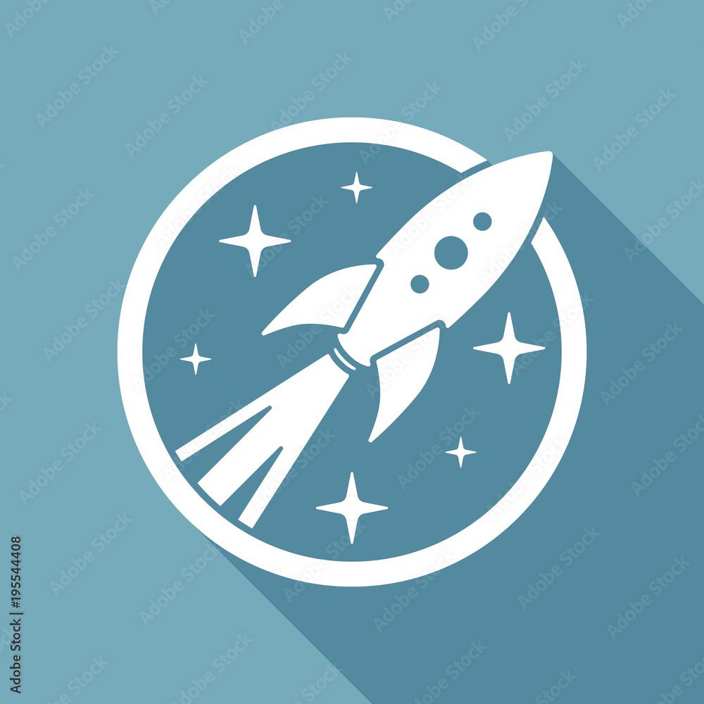 Aufkleber rocket launch with stars in circle icon. white flat icon with long shadow on background
